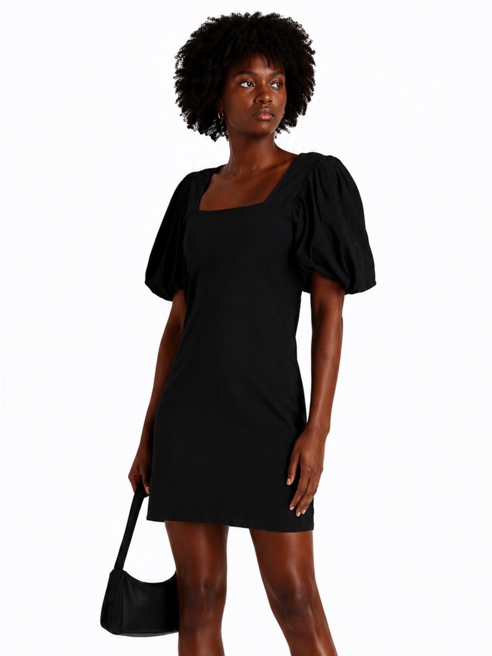 FRAME Nina Knit Mini Dress MEDIUM Black Puff Sleeve ORGANIC Cotton Blend Chic